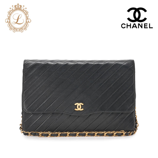 CHANEL Shoulder Bag Bias Stitch Push Lock Lambskin Black Gold-Tone Hardware Pre-Owned - Vintage La Charme