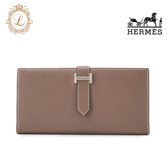 HERMES Bearn Soufflet 2 Fold Long Wallet Epson Etoupe Silver-Tone Hardware Pre-Owned - Vintage La Charme