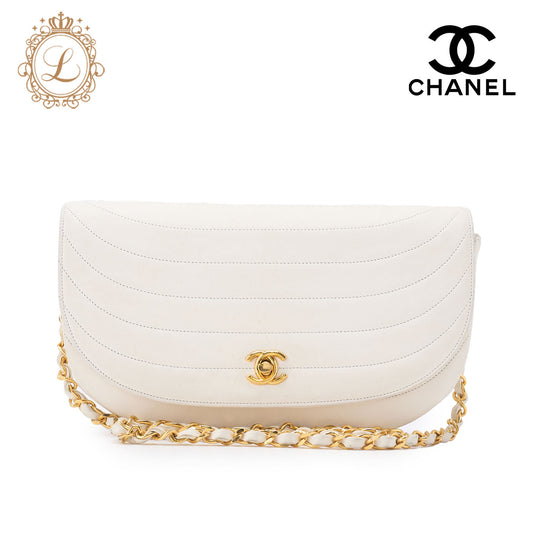 CHANEL Shoulder Bag Border Stitch Half Moon Lambskin White Gold-Tone Hardware Pre-Owned - Vintage La Charme