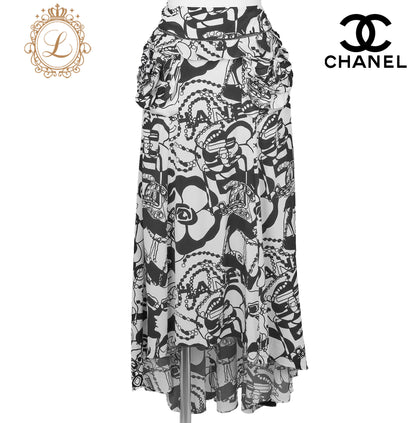 CHANEL Skirt, Camellia Coco Mark Logo, Silk, Black, Gold-Tone Hardware, Pre-Owned - Vintage La Charme