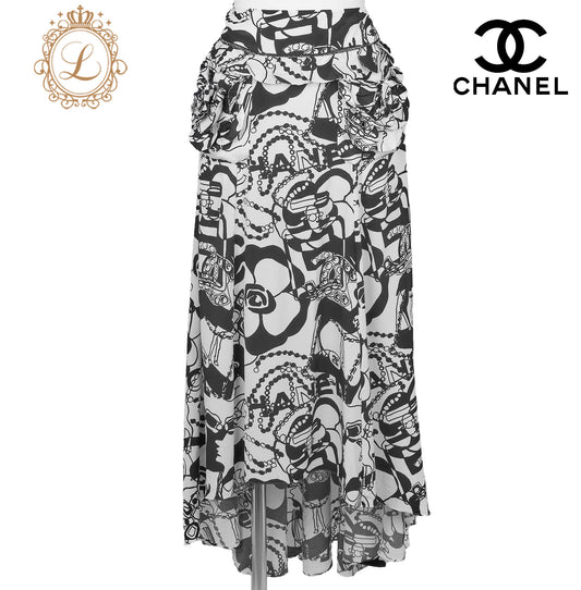CHANEL Skirt, Camellia Coco Mark Logo, Silk, Black, Gold-Tone Hardware, Pre-Owned - Vintage La Charme