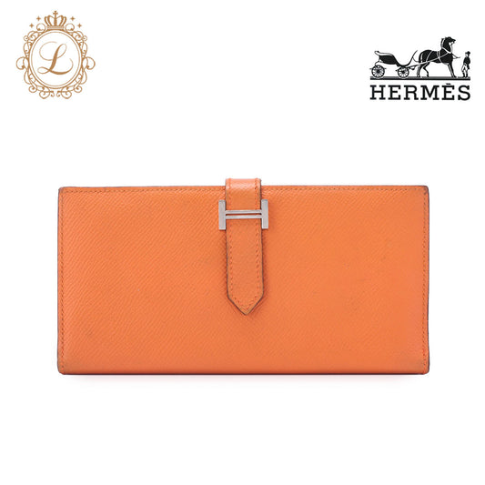 HERMES Bearn Soufflet Two-Fold Long Wallet Epson Orange Silver-Tone Hardware Pre-Owned - Vintage La Charme