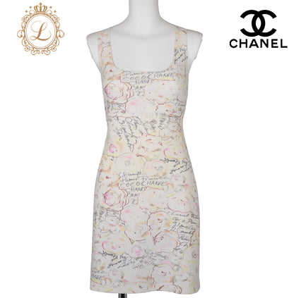 CHANEL Sleeveless Dress, Camellia Logo, Nylon Blend, Ivory, Silver-Tone Hardware, Pre-Owned - Vintage La Charme