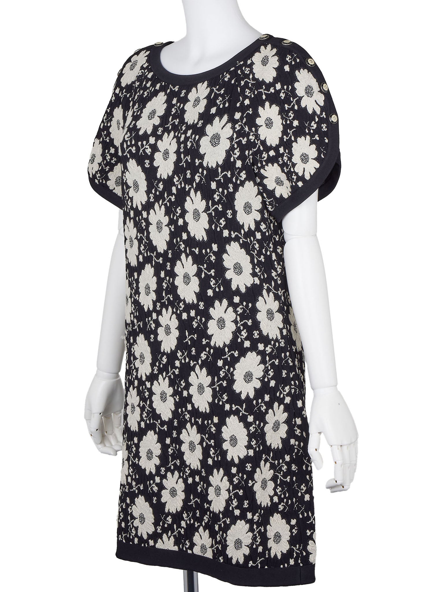 CHANEL Short Sleeve Dress, Floral Coco Button, Nylon Blend, Black, Gold-Tone Hardware, Pre-Owned - Vintage La Charme