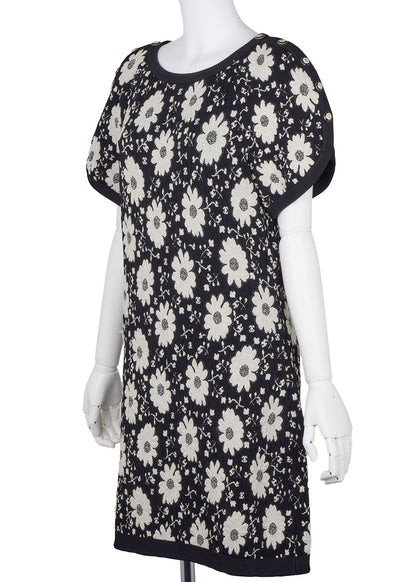 CHANEL Short Sleeve Dress, Floral Coco Button, Nylon Blend, Black, Gold-Tone Hardware, Pre-Owned - Vintage La Charme
