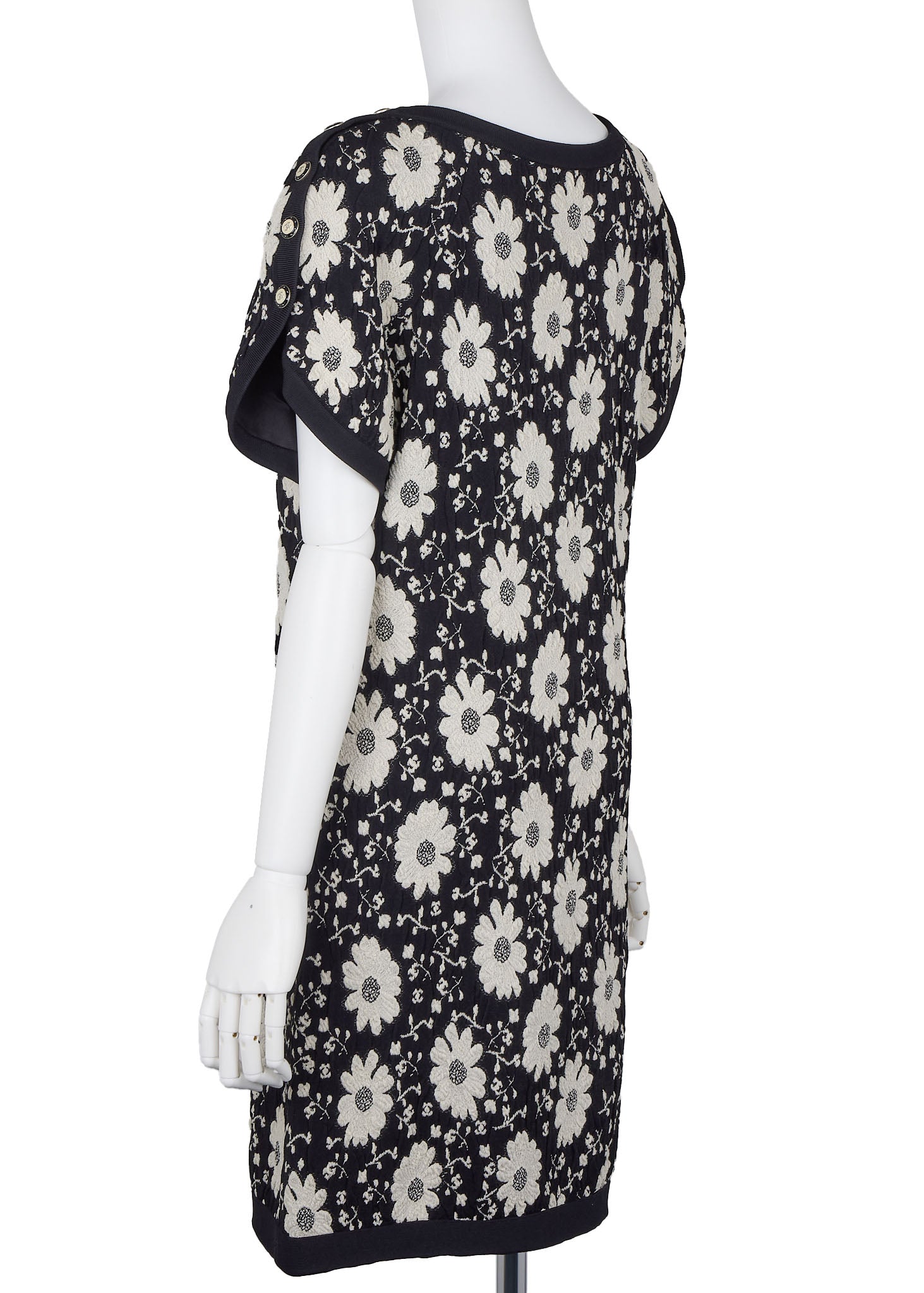 CHANEL Short Sleeve Dress, Floral Coco Button, Nylon Blend, Black, Gold-Tone Hardware, Pre-Owned - Vintage La Charme