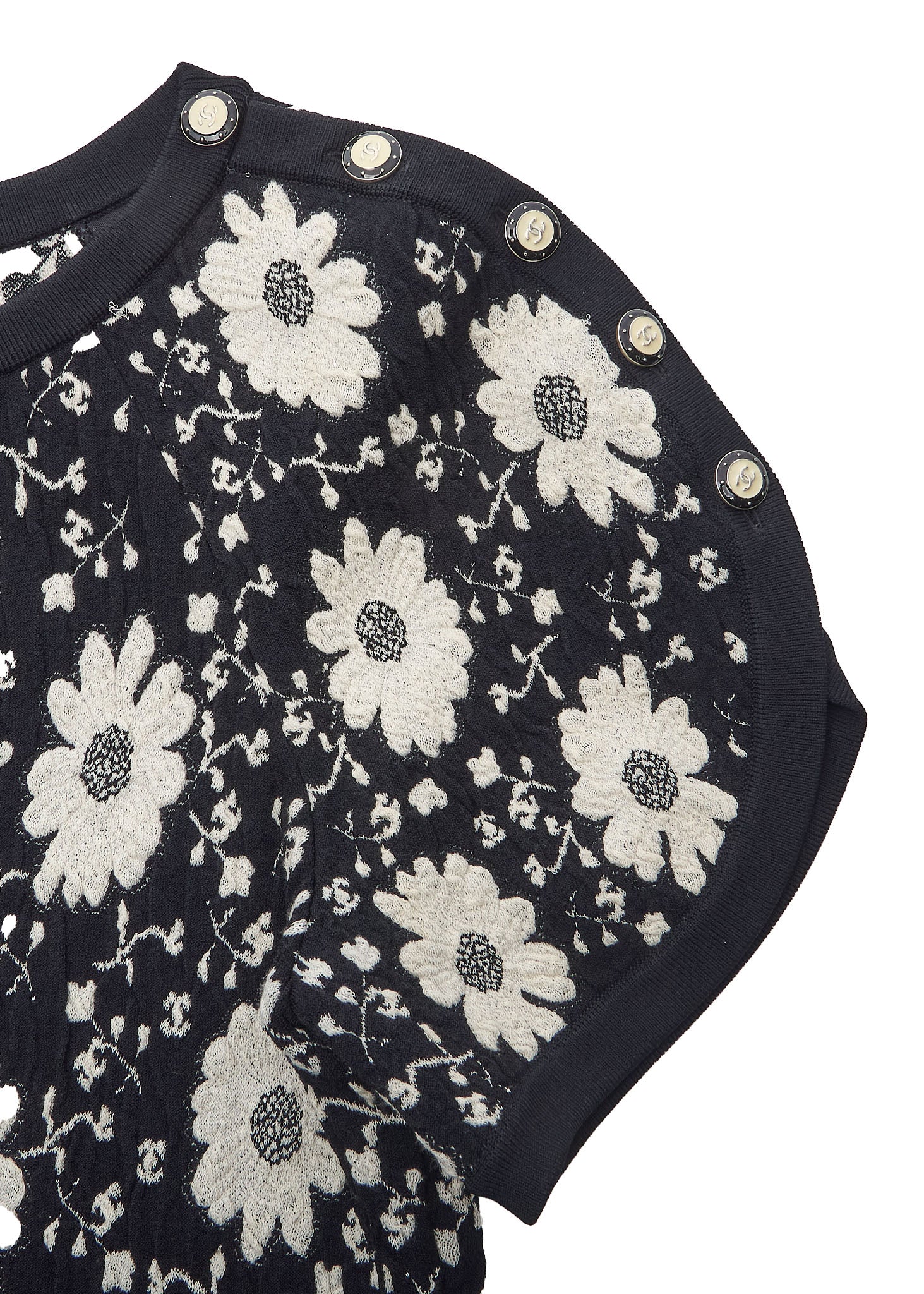 CHANEL Short Sleeve Dress, Floral Coco Button, Nylon Blend, Black, Gold-Tone Hardware, Pre-Owned - Vintage La Charme
