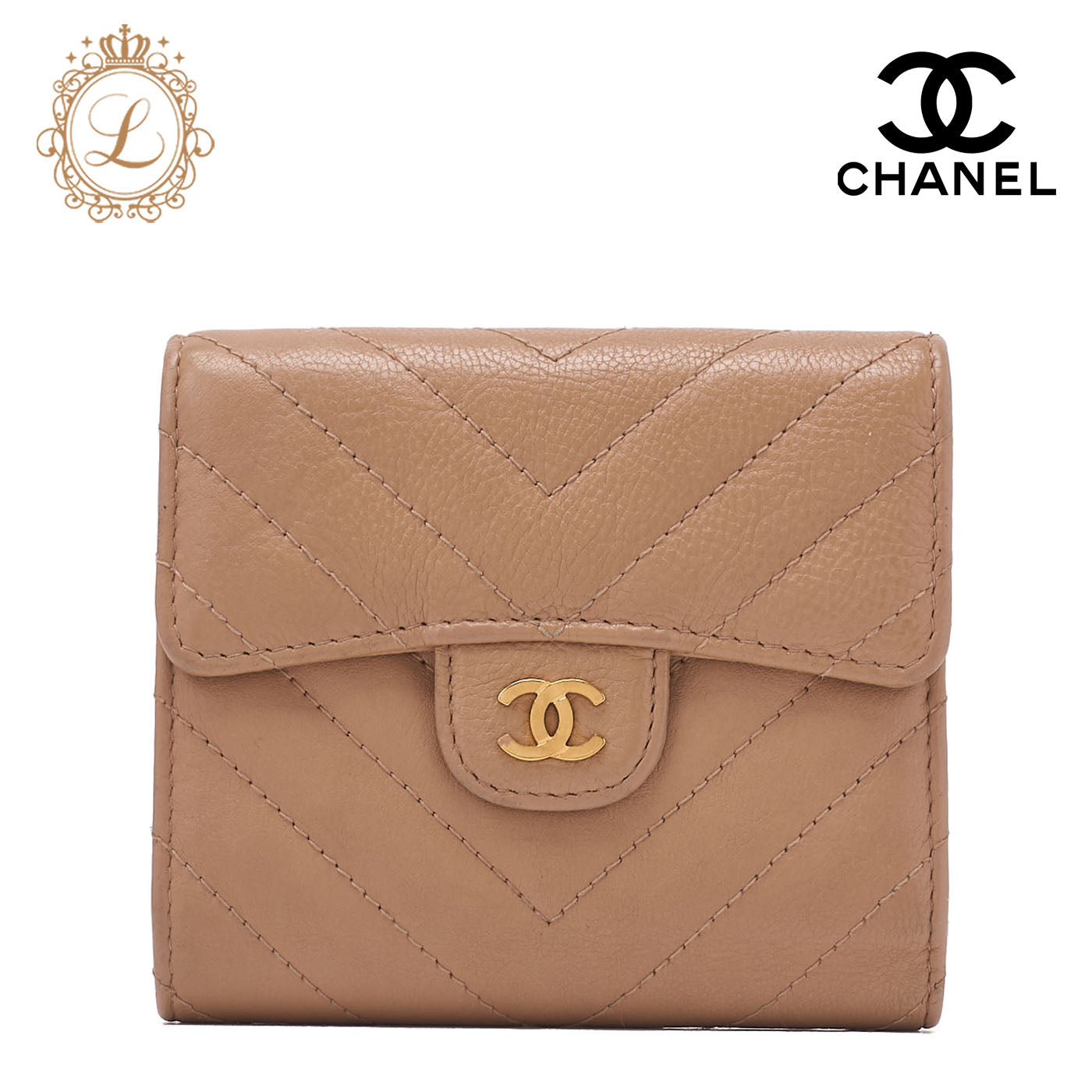 CHANEL Tri-Fold Wallet V-Stitch Leather Beige Gold-Tone Hardware Pre-Owned - Vintage La Charme