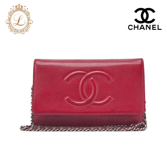 CHANEL Shoulder Bag Chain Wallet Caviar Skin Red Silver-Tone Hardware Pre-Owned - Vintage La Charme