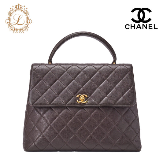 CHANEL Handbag, Matelasse Turn Lock, Caviar Skin, Brown, Gold-Tone Hardware, Pre-Owned - Vintage La Charme