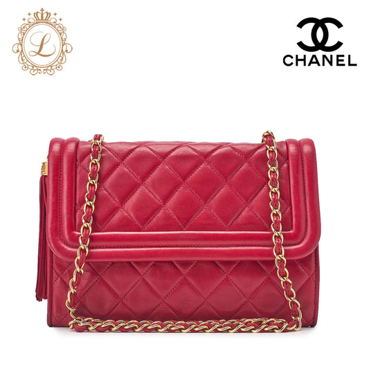 CHANEL Shoulder Bag Matelasse Fringe Chain Shoulder Lambskin Red Gold-Tone Hardware Pre-Owned - Vintage La Charme