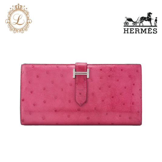 HERMES Bearn Soufflet Two-Fold Long Wallet Ostrich Pink Silver-Tone Hardware Pre-Owned - Vintage La Charme