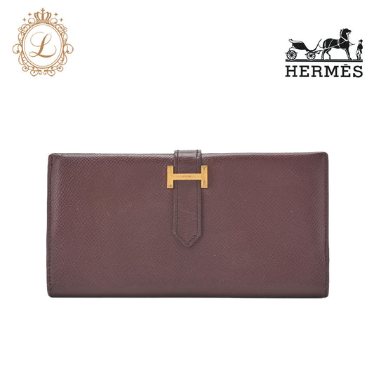 HERMES Bairn Classic Bi-fold Long Wallet Epson Leather Brown Gold-Tone Hardware Pre-Owned - Vintage La Charme