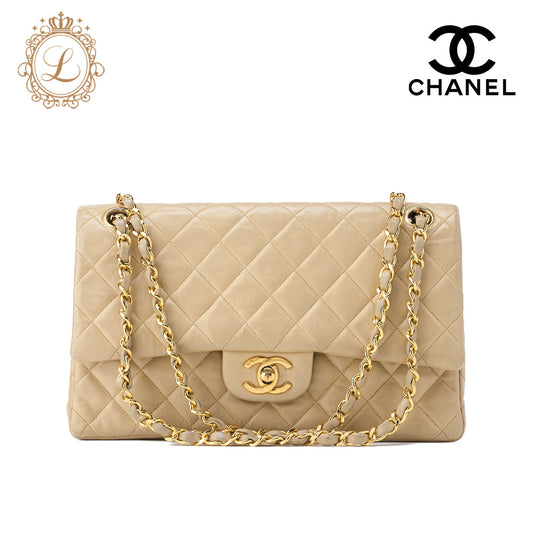 CHANEL Shoulder Bag Matelasse Double Flap Lambskin Beige Gold-Tone Hardware Pre-Owned - Vintage La Charme