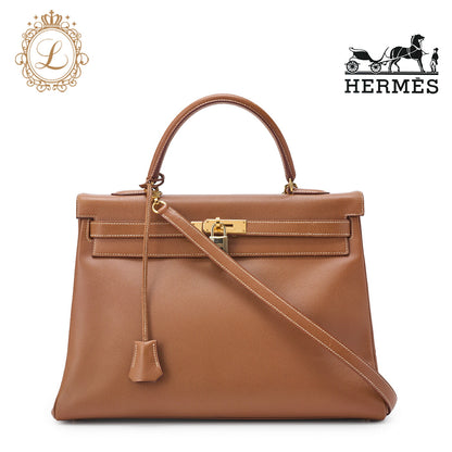 HERMES Kelly 35 2WAY Handbag Kushvel Gold, Gold, Gold-Tone Hardware, Pre-Owned - Vintage La Charme