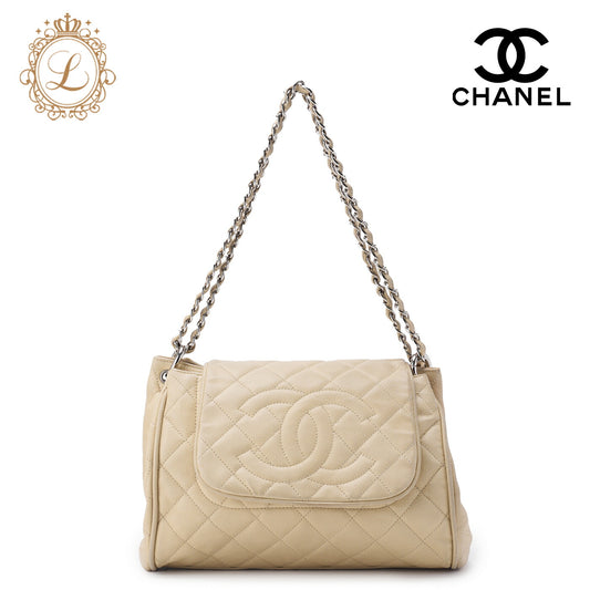 CHANEL Shoulder Bag, Matelasse, Chain Shoulder, Caviar Skin, Ivory, Silver-Tone Hardware, Pre-Owned - Vintage La Charme