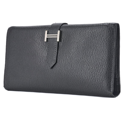 HERMES Bairn Classic Bi-fold Long Wallet, Chèvre, Black, Silver-Tone Hardware, Pre-Owned - Vintage La Charme