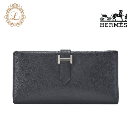 HERMES Bairn Classic Bi-fold Long Wallet, Chèvre, Black, Silver-Tone Hardware, Pre-Owned - Vintage La Charme