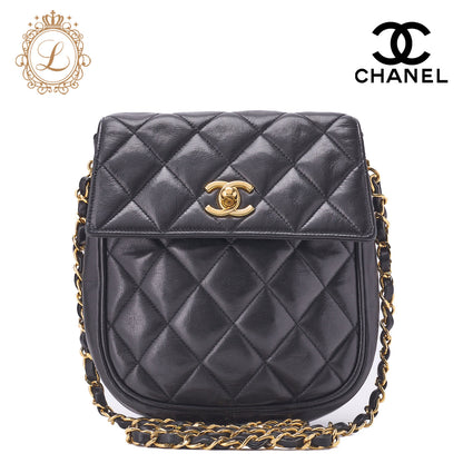 CHANEL Shoulder Bag Matelasse Vertical Straight Flap Chain Shoulder Lambskin Black Gold-Tone Hardware Pre-Owned - Vintage La Charme