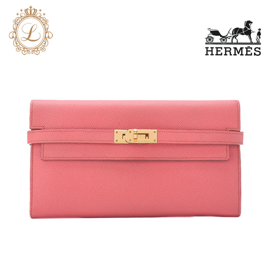 HERMES Kelly Wallet 2 Fold Long Wallet Epson Crevette Gold-Tone Hardware Pre-Owned - Vintage La Charme