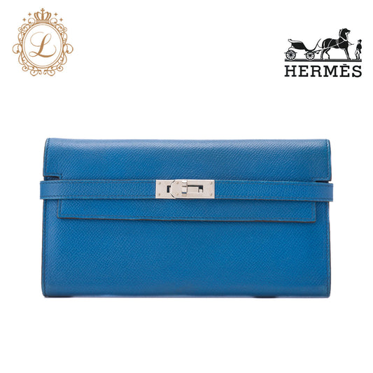 HERMES Kelly Wallet 2 Fold Long Wallet Epson Leather Blue Ismir Silver-Tone Hardware Pre-Owned - Vintage La Charme