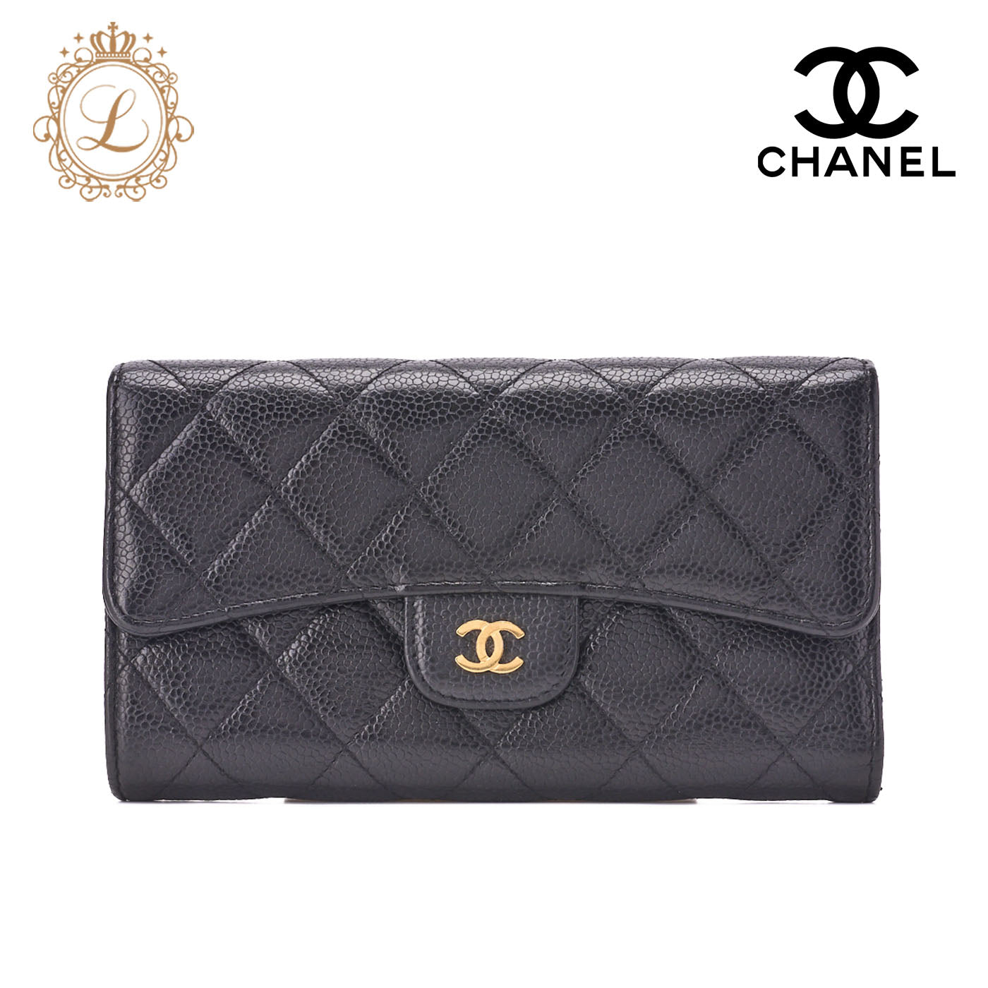 CHANEL Tri-Fold Wallet, Matelasse, Caviar Skin, Black, Gold-Tone Hardware, Pre-Owned - Vintage La Charme