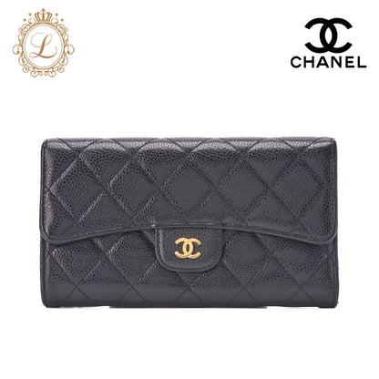 CHANEL Tri-Fold Wallet, Matelasse, Caviar Skin, Black, Gold-Tone Hardware, Pre-Owned - Vintage La Charme