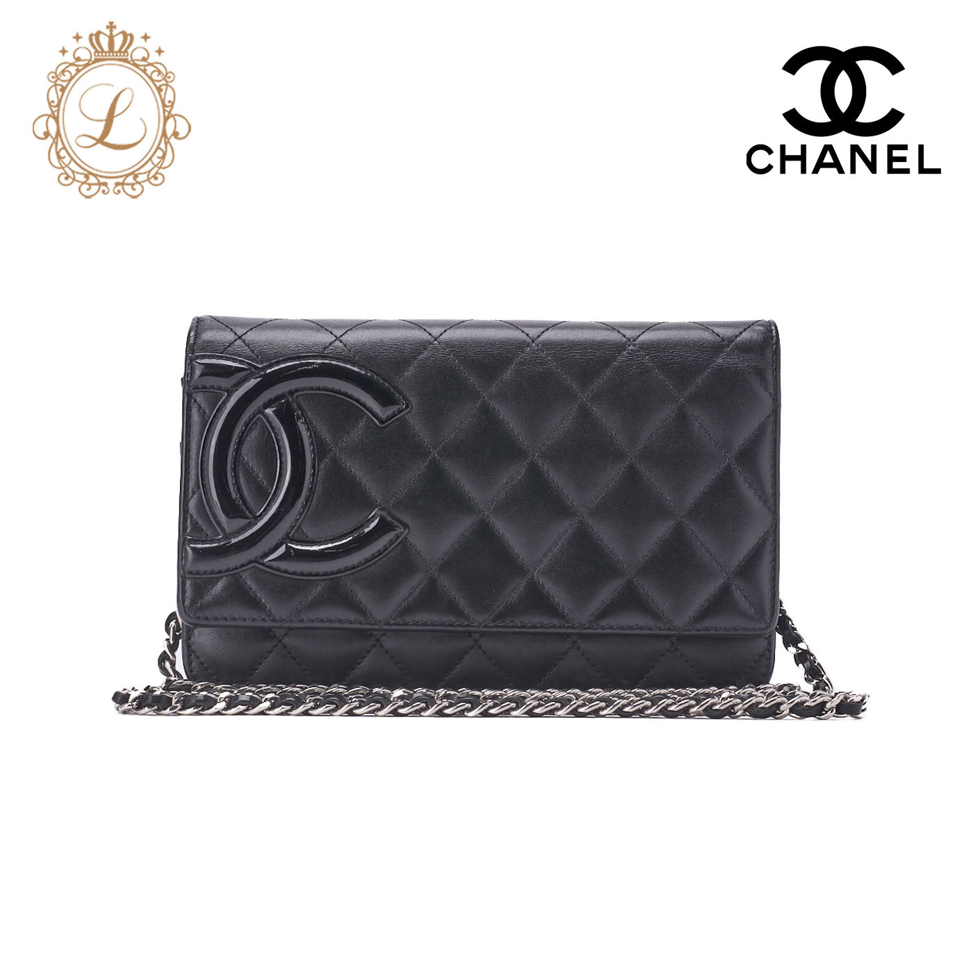 CHANEL Chain Wallet, Cambon Line, Folding, Calfskin, Black, Silver-Tone Hardware, Pre-Owned - Vintage La Charme