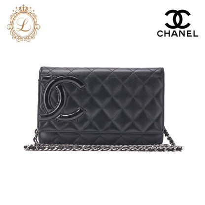 CHANEL Chain Wallet, Cambon Line, Folding, Calfskin, Black, Silver-Tone Hardware, Pre-Owned - Vintage La Charme