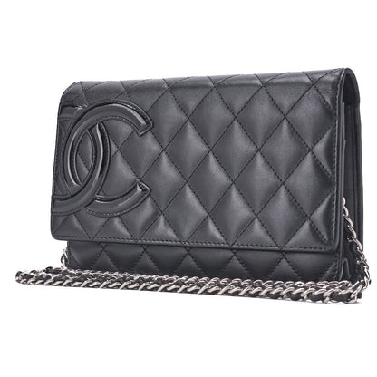 CHANEL Chain Wallet, Cambon Line, Folding, Calfskin, Black, Silver-Tone Hardware, Pre-Owned - Vintage La Charme