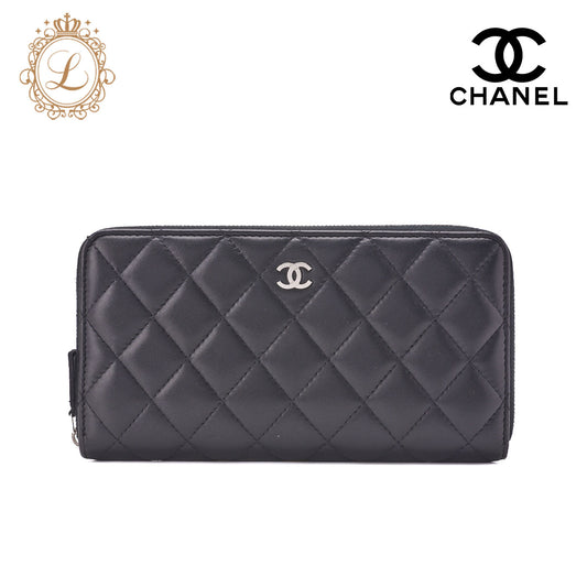 CHANEL Round Long Wallet Matelasse Lambskin Black Silver-Tone Hardware Pre-Owned - Vintage La Charme