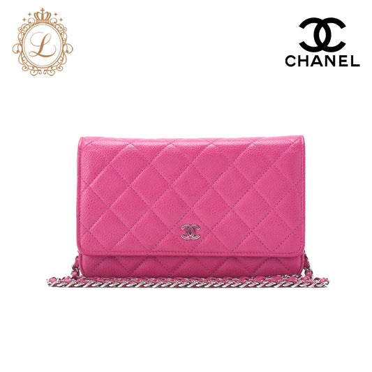 CHANEL Chain Wallet, Matelasse, Caviar Skin, Pink, Silver-Tone Hardware, Pre-Owned - Vintage La Charme
