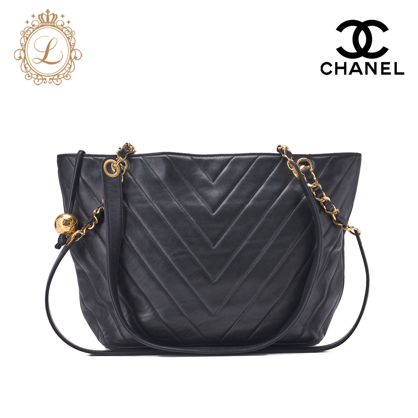 CHANEL Shoulder Bag, V Stitch Ball Charm, Chain Shoulder, Lambskin, Black, Gold-Tone Hardware, Pre-Owned - Vintage La Charme
