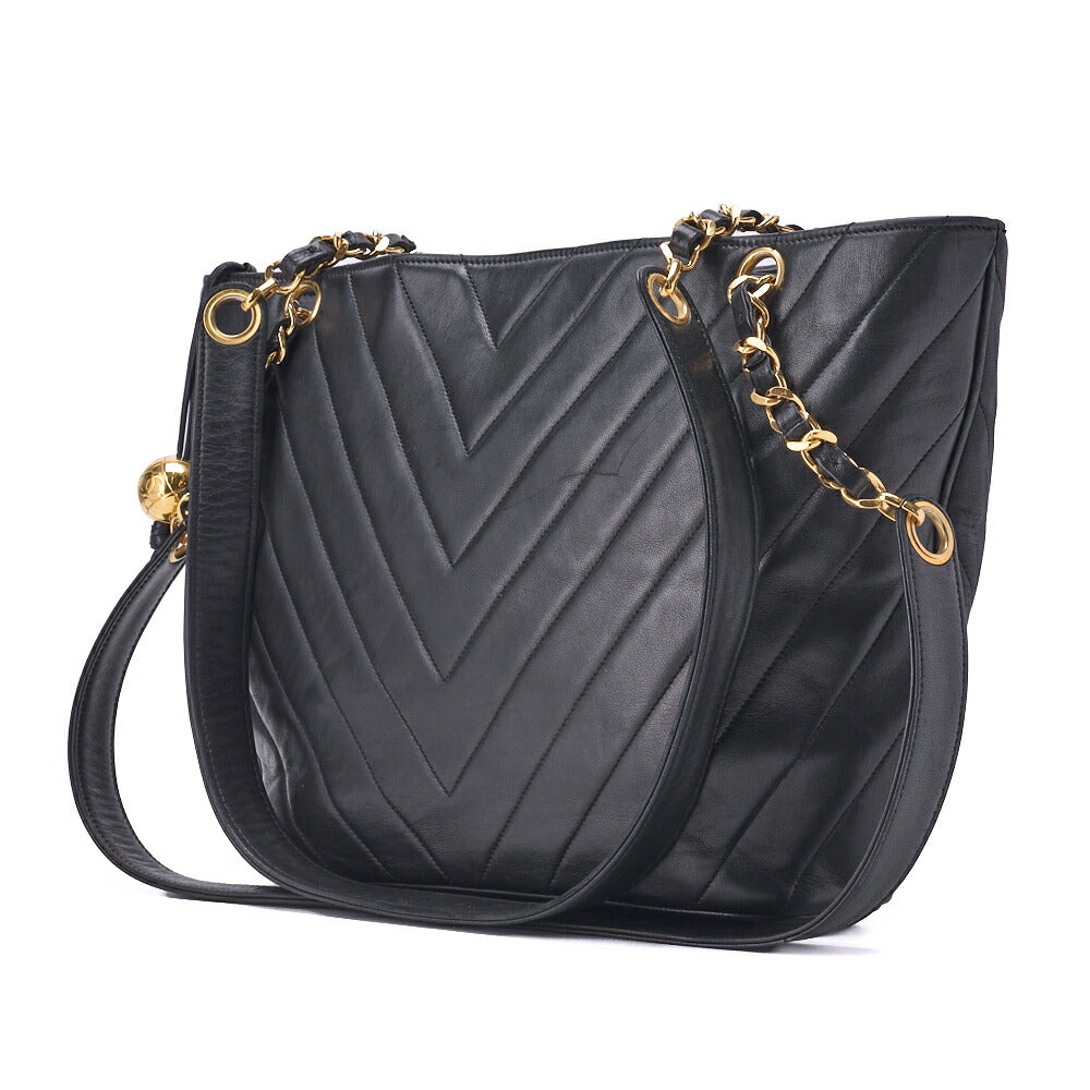 CHANEL Shoulder Bag, V Stitch Ball Charm, Chain Shoulder, Lambskin, Black, Gold-Tone Hardware, Pre-Owned - Vintage La Charme