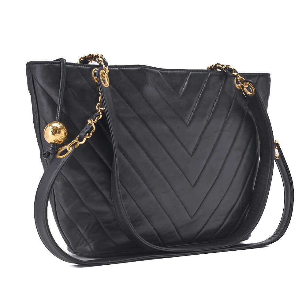 CHANEL Shoulder Bag, V Stitch Ball Charm, Chain Shoulder, Lambskin, Black, Gold-Tone Hardware, Pre-Owned - Vintage La Charme