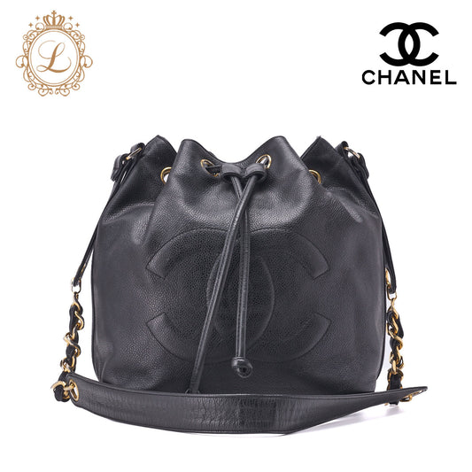 CHANEL Shoulder Bag, Drawstring Type, Caviar Skin, Black, Gold-Tone Hardware, Pre-Owned - Vintage La Charme