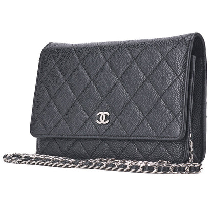 CHANEL Chain Wallet Matelasse Caviar Leather Black Silver-Tone Hardware Pre-Owned - Vintage La Charme