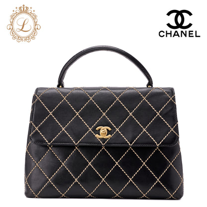 CHANEL Tote Bag Wild Stitch Turn Lock Calfskin Black Gold-Tone Hardware Pre-Owned - Vintage La Charme