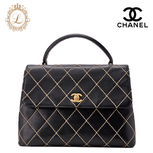 CHANEL Tote Bag Wild Stitch Turn Lock Calfskin Black Gold-Tone Hardware Pre-Owned - Vintage La Charme