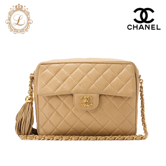 CHANEL Shoulder Bag, Matelasse Outside Flap Fringe, Lambskin, Beige, Gold-Tone Hardware, Pre-Owned - Vintage La Charme