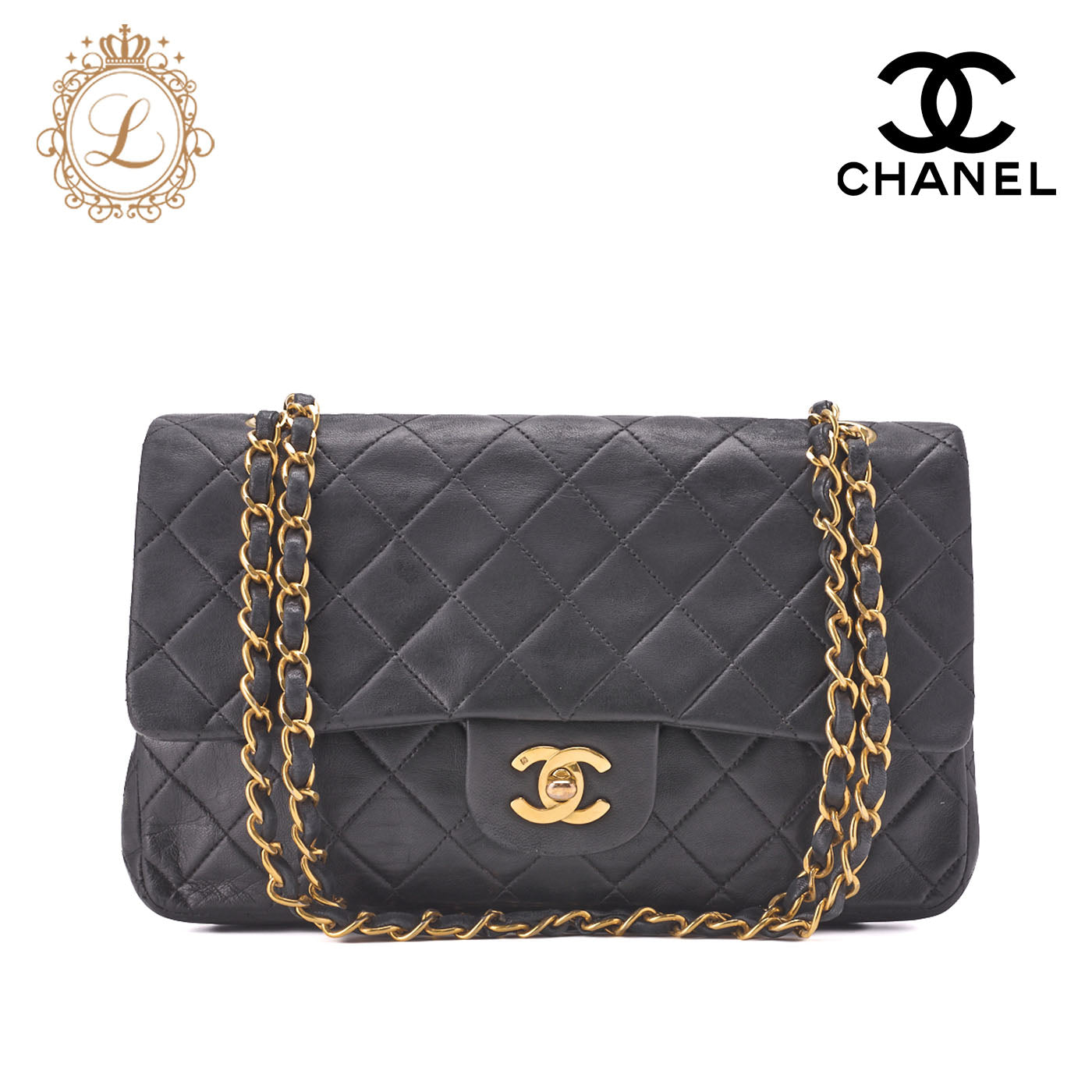 CHANEL Shoulder Bag Matelasse Double Flap Lambskin Black Gold-Tone Hardware Pre-Owned - Vintage La Charme