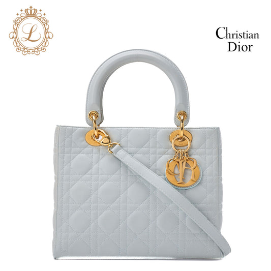 Dior Lady Dior Cannage 2WAY Handbag Lambskin Light Blue Gold-Tone Hardware Pre-Owned - Vintage La Charme