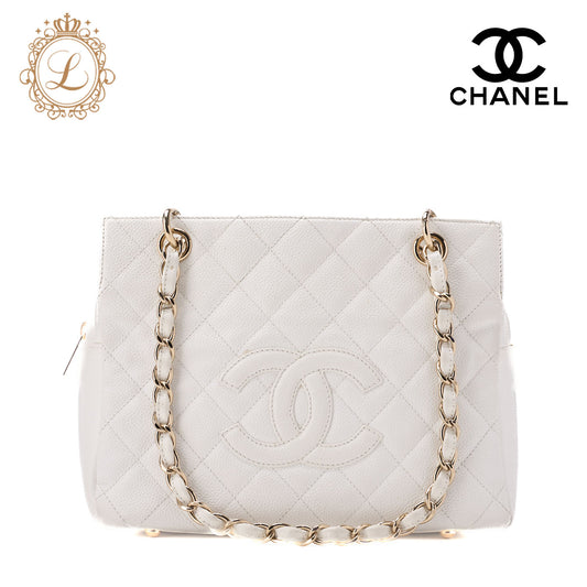 CHANEL Handbag, Caviar Skin, Matelasse, White, Gold-Tone Hardware, Pre-Owned - Vintage La Charme