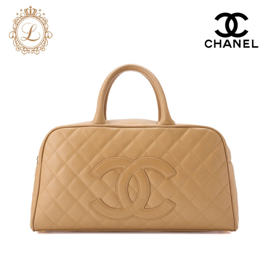 CHANEL Handbag Boston Bag Matelasse Caviar Skin Beige Gold-Tone Hardware Pre-Owned - Vintage La Charme