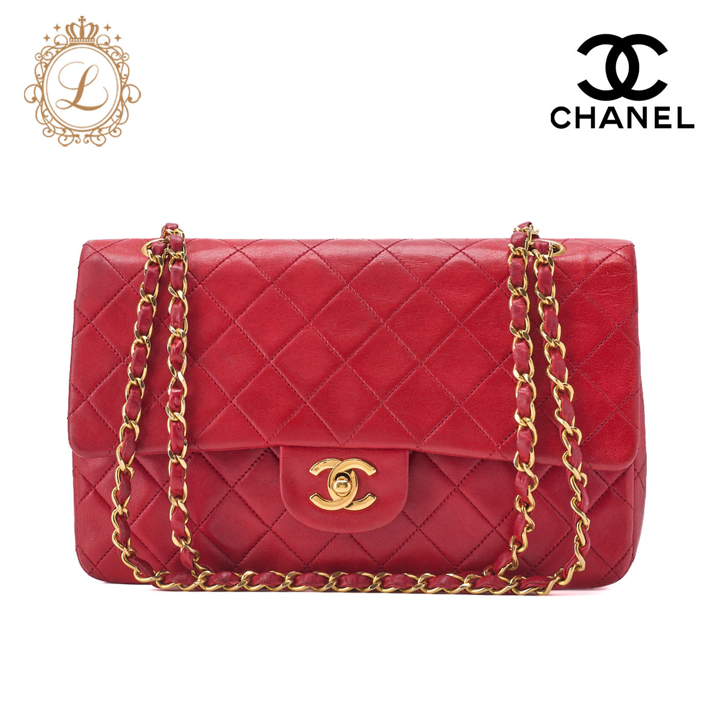 CHANEL Shoulder Bag Matelasse Double Flap Lambskin Red Gold-Tone Hardware Pre-Owned - Vintage La Charme