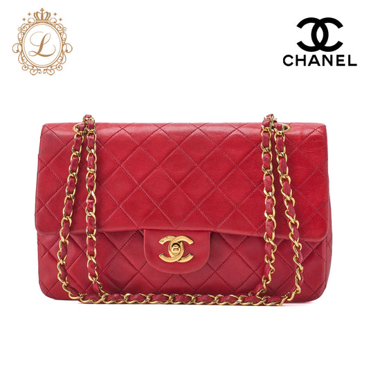 CHANEL Shoulder Bag Matelasse Double Flap Lambskin Red Gold-Tone Hardware Pre-Owned - Vintage La Charme