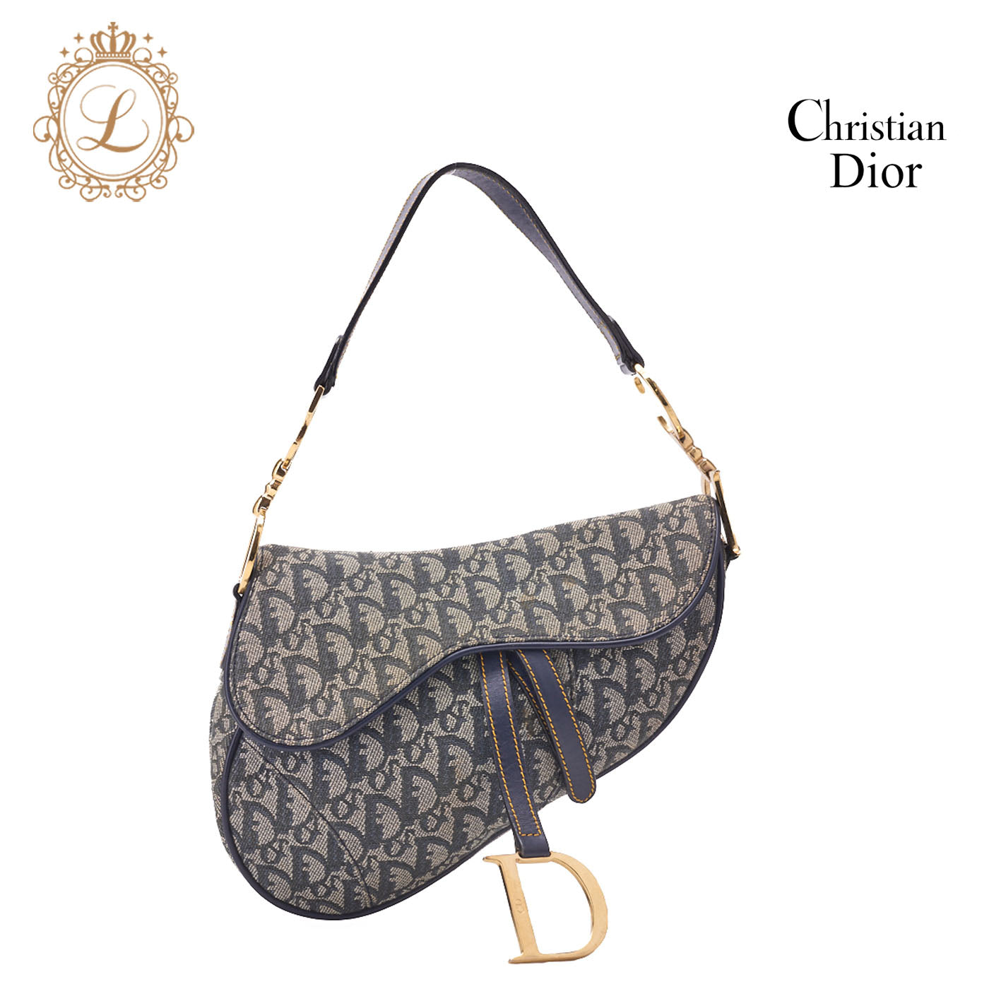 Dior Trotter Saddle Bag, Canvas Leather, Navy, Gold-Tone Hardware, Pre-Owned - Vintage La Charme