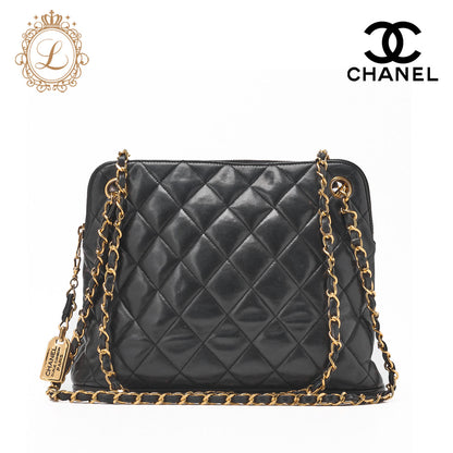 CHANEL Shoulder Bag Matelasse Plate Charm Lambskin Black Gold-Tone Hardware Pre-Owned - Vintage La Charme