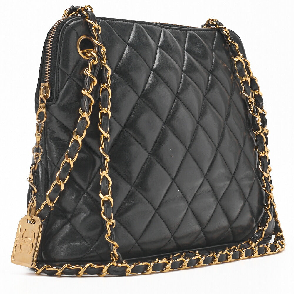 CHANEL Shoulder Bag Matelasse Plate Charm Lambskin Black Gold-Tone Hardware Pre-Owned - Vintage La Charme