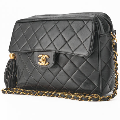 CHANEL Shoulder Bag Matelasse Outside Flap Fringe Chain Shoulder Lambskin Black Gold-Tone Hardware Pre-Owned - Vintage La Charme
